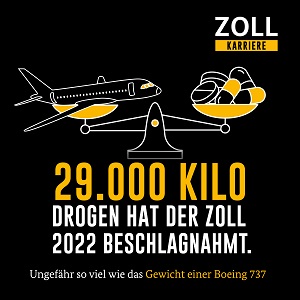 Schaubild mit einer Waage. Links auf der Waage liegt ein Flugzeug und rechts Tabletten. Es ist der Text "29.000 Kilo Drogen hat der Zoll 2022 beschlagnahmt. Ungefähr so viel wie das Gewicht einer Boing 737" enthalten