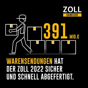 Schaubild mit einem Paketboten und 5 Paketen und dem Text "391 Millionen Euro Warensendungen hat der Zoll 2022 sicher und schnell abgefertigt"